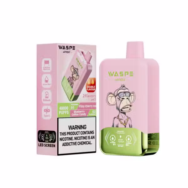 WASPE AIVIOU 40000 Puffs Doble Sabor Fizzy Cherry lce & Blue berry Algodón de azúcar