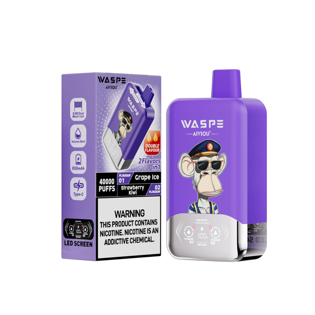 WASPE AIVIOU 40000 Puffs Doppelter Geschmack Traubeneis & Erdbeerkiwi