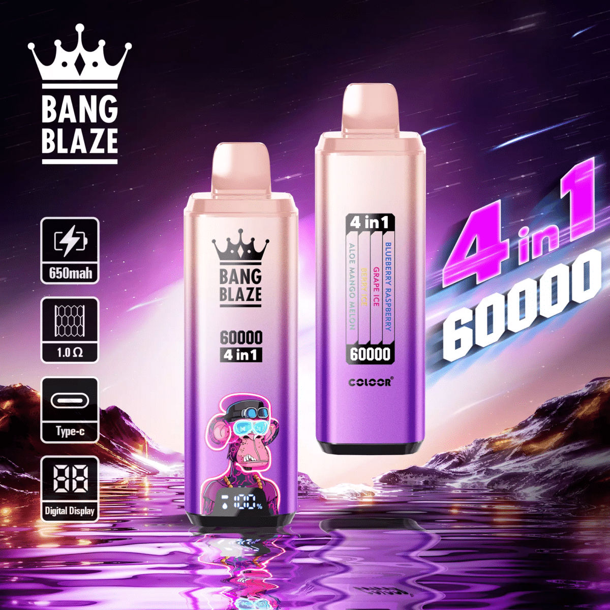 bang blaze 60000 puffs blueberry raspberrygrape iceberry icealoe mango melon