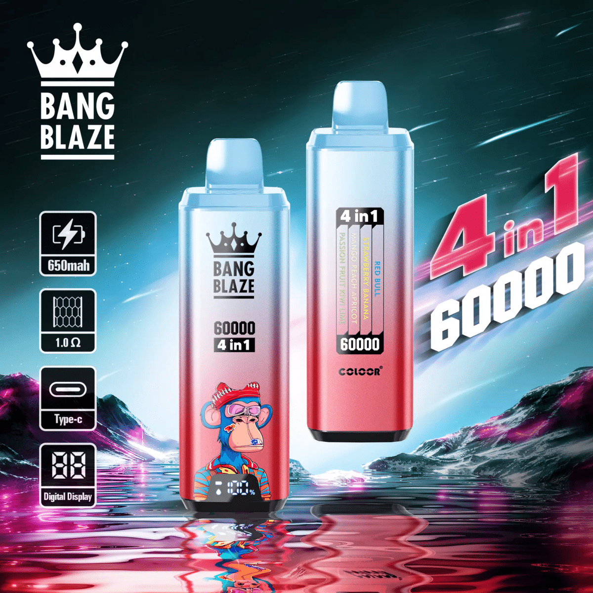 bang blaze 60000 puffs red bullstrawberry bananamango peach apricotpassion fruit kiwi lime