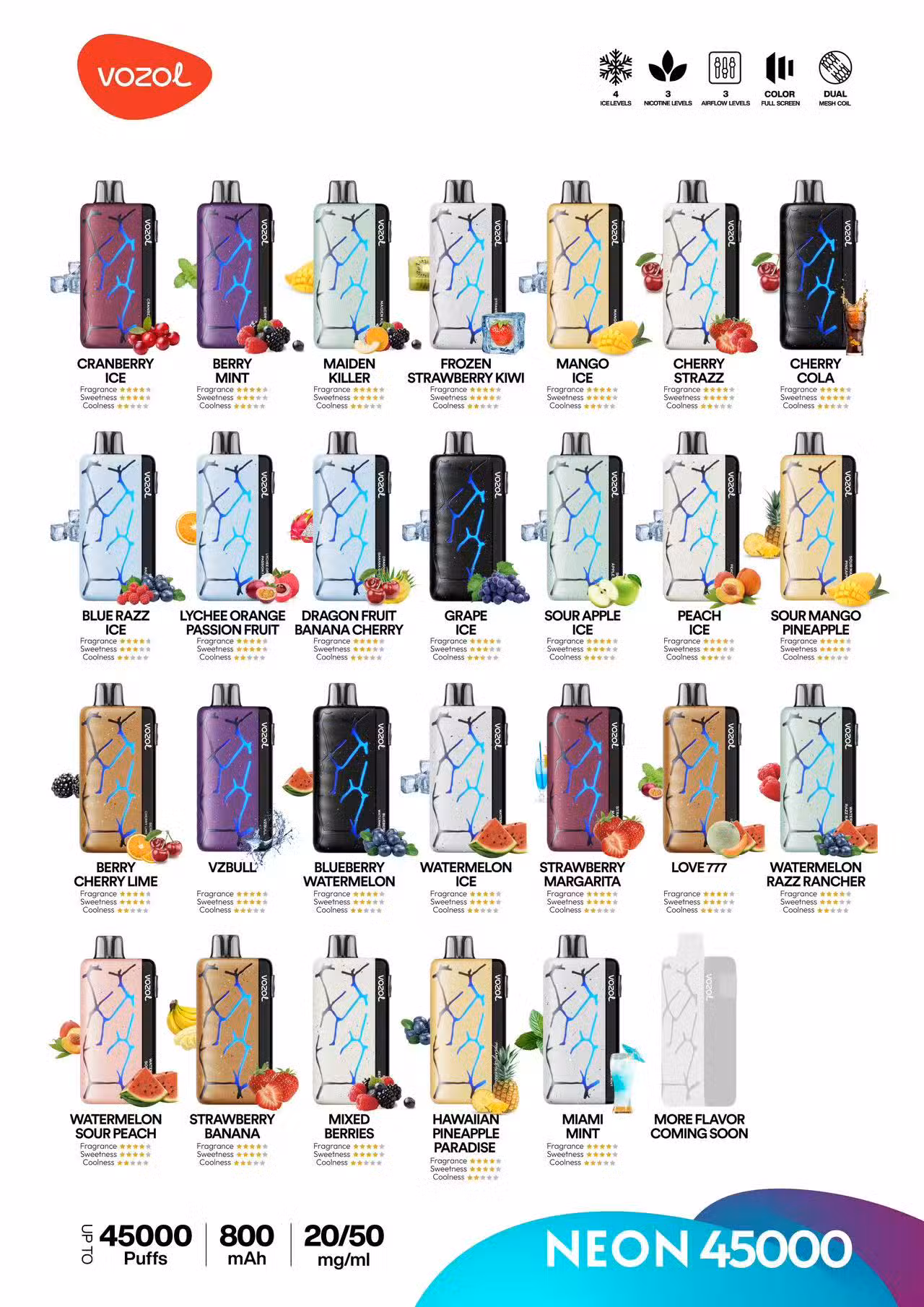 VOZOL NEON 45K Puffs Flavors