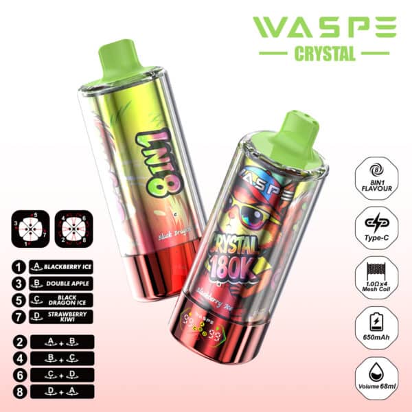Waspe 180K Μύρτιλο Πάγος & Διπλό Μήλο & Μαύρος Δράκος Πάγος & Φράουλα Κίσι